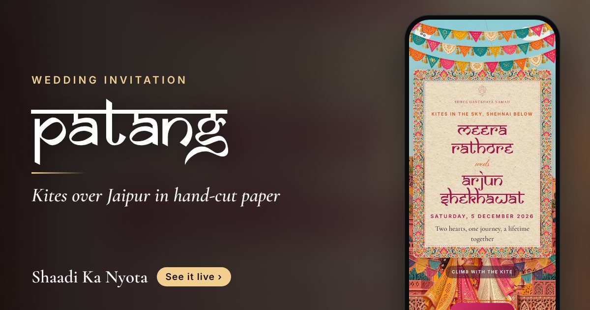 Patang wedding invitation design: Kites over Jaipur in hand-cut paper: climb into the sky as you scroll.