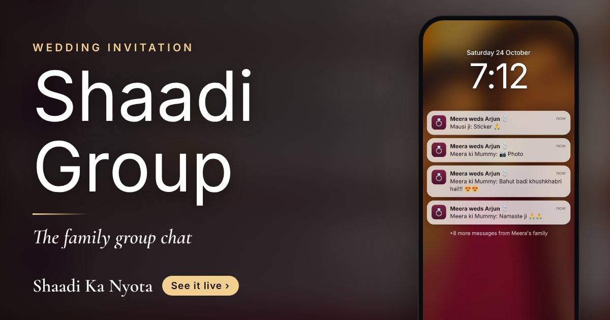 Shaadi Group wedding invitation design: The family group chat: the invitation arrives message by message, and guests vote in Mummy's poll.